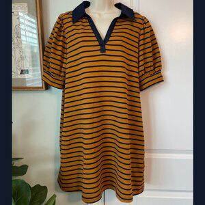 Enzo Striped Contrast Collar Puff Sleeve T-Shirt Dress